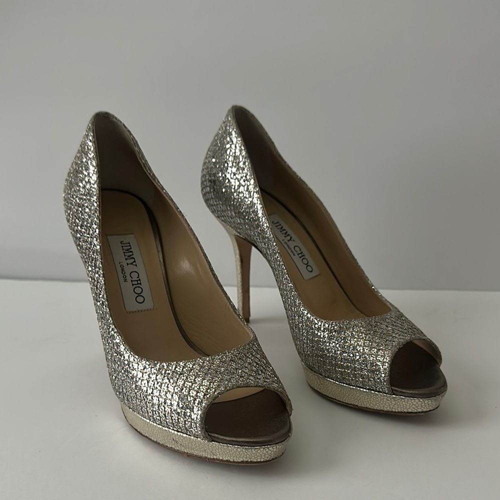 Jimmy Choo Luna platform pumps champagne glitter stiletto heels~ 37.5